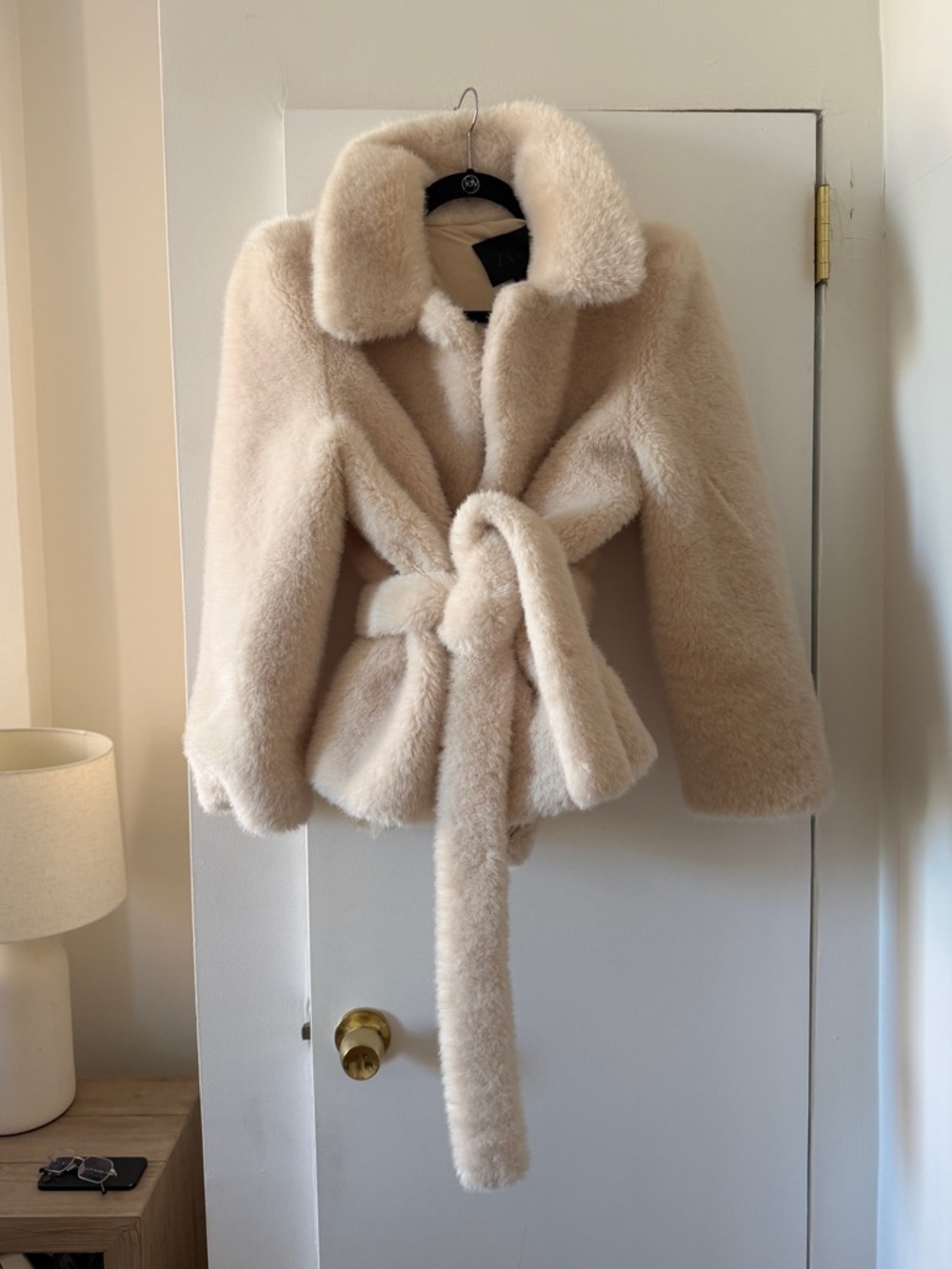 Zara Cream Teddy Faux-Fur Tie Belt Jacket